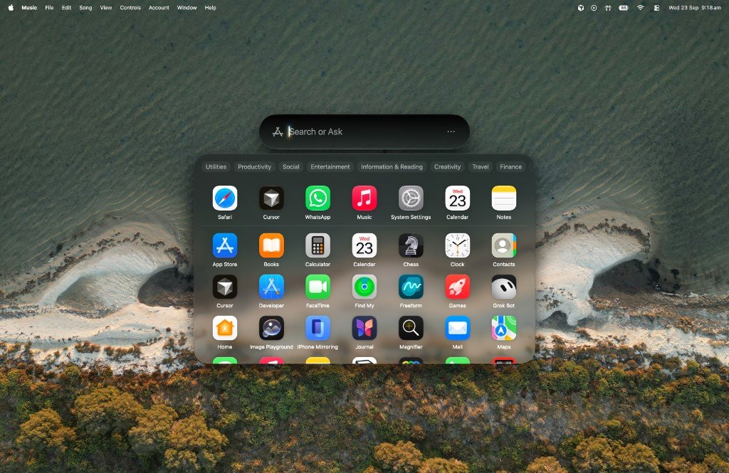 Search or Ask bar narrower than the apps grid on macOS 27